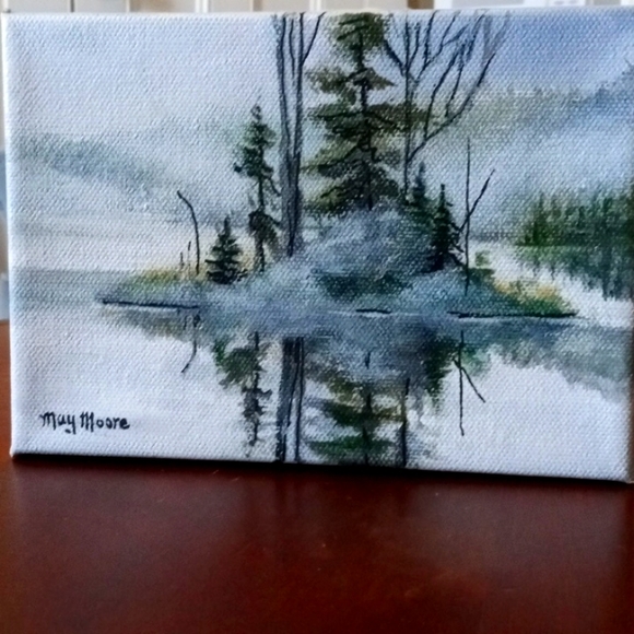 New original 5" x7" acrylic painting, ready to hang, Home decor, greens , grays. - Picture 5 of 5